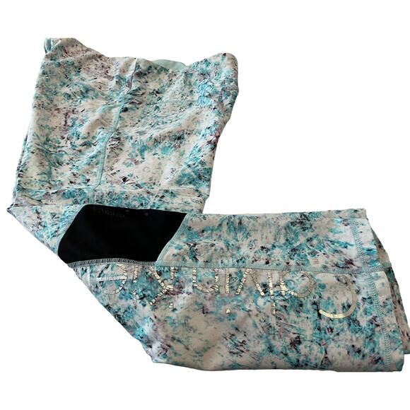 CALVIN KLEIN PERFORMANCE LEGGINGS, WOMENS, L, TEAL PINK WHITE ABSTRACT, CROPPED - Picture 4 of 10